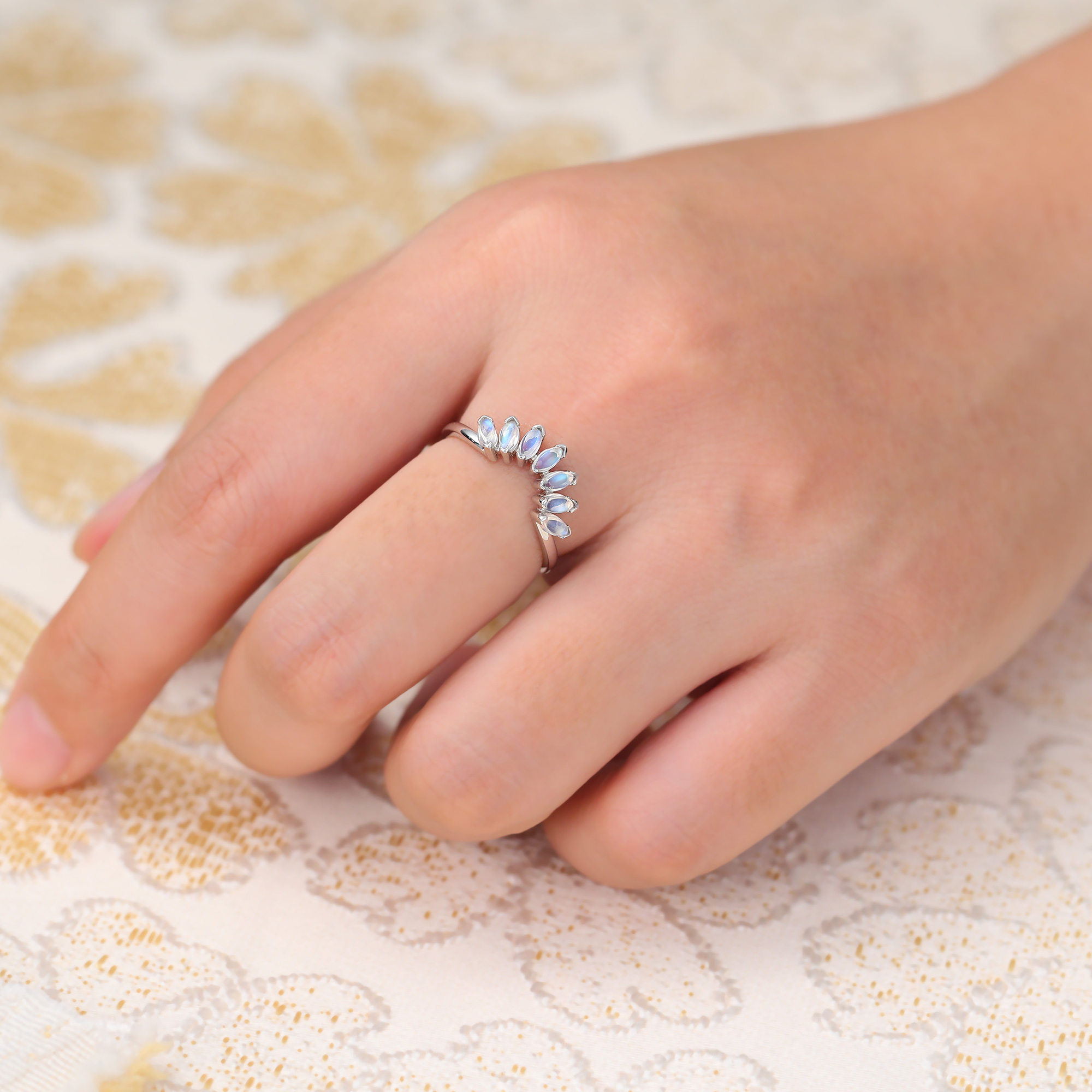 Juyoyo Unique Blue Moonstone Crown Curved Stacking Wedding Ring