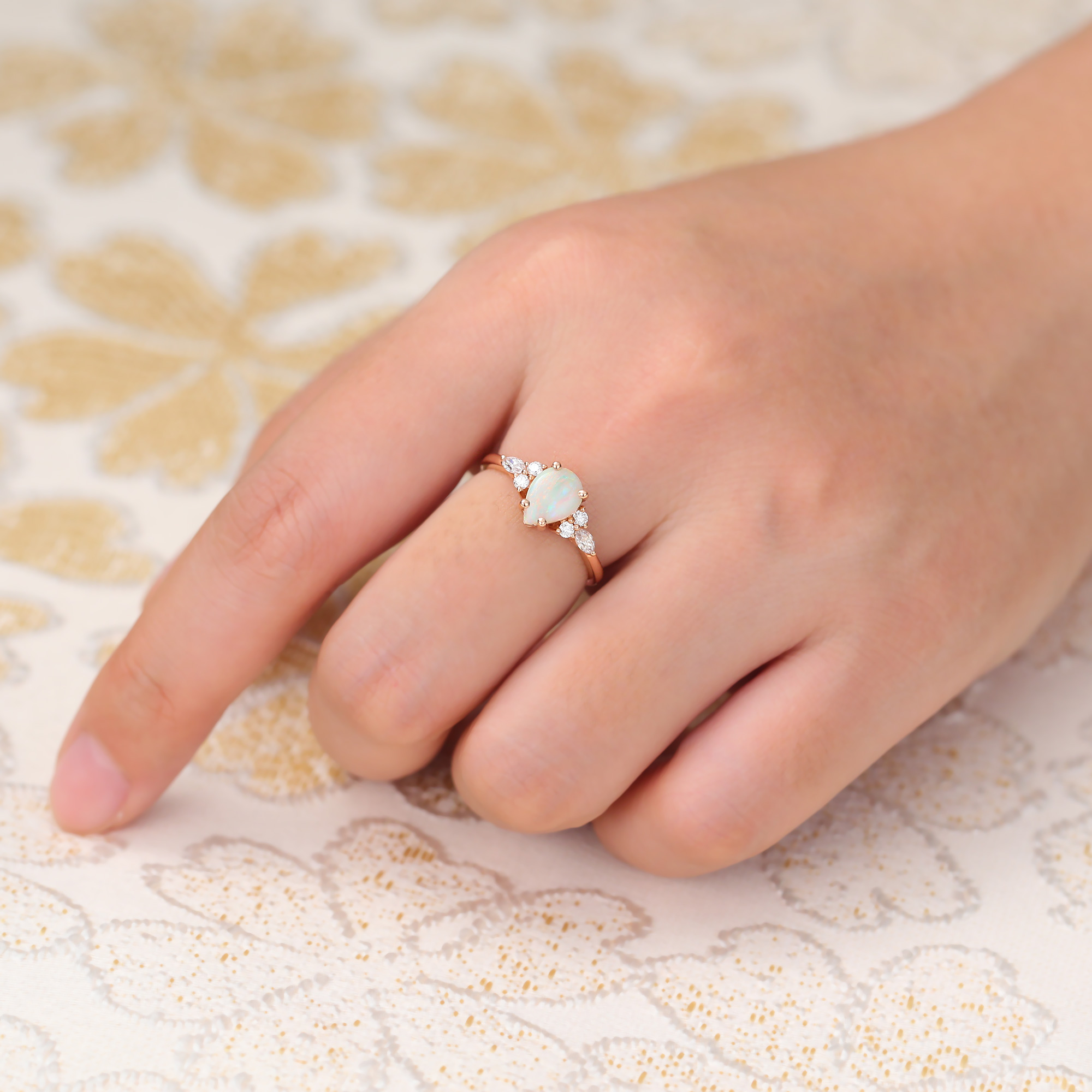 Juyoyo Classic Pear Opal Engagement Ring with Diamond Cluster Accents