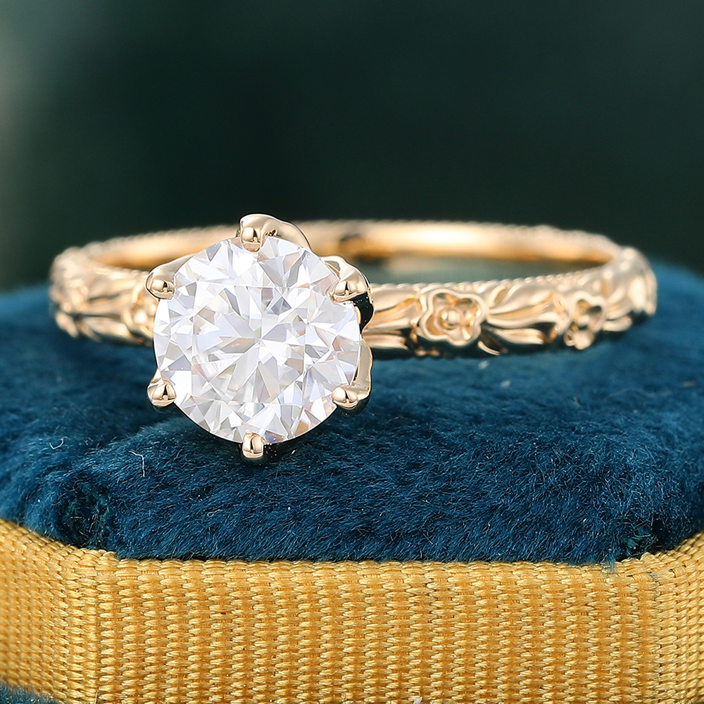 Juyoyo Round Cut Moissanite Engagement Ring Yellow Gold Floral Engraved Ring for Women