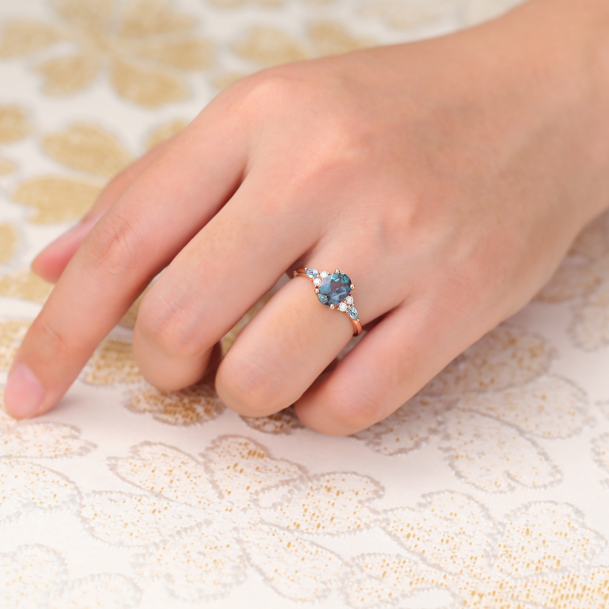 Juyoyo Oval Cut Alexandrite Engagement Ring Vintage Cluster Wedding Ring for Women 14K Rose Gold