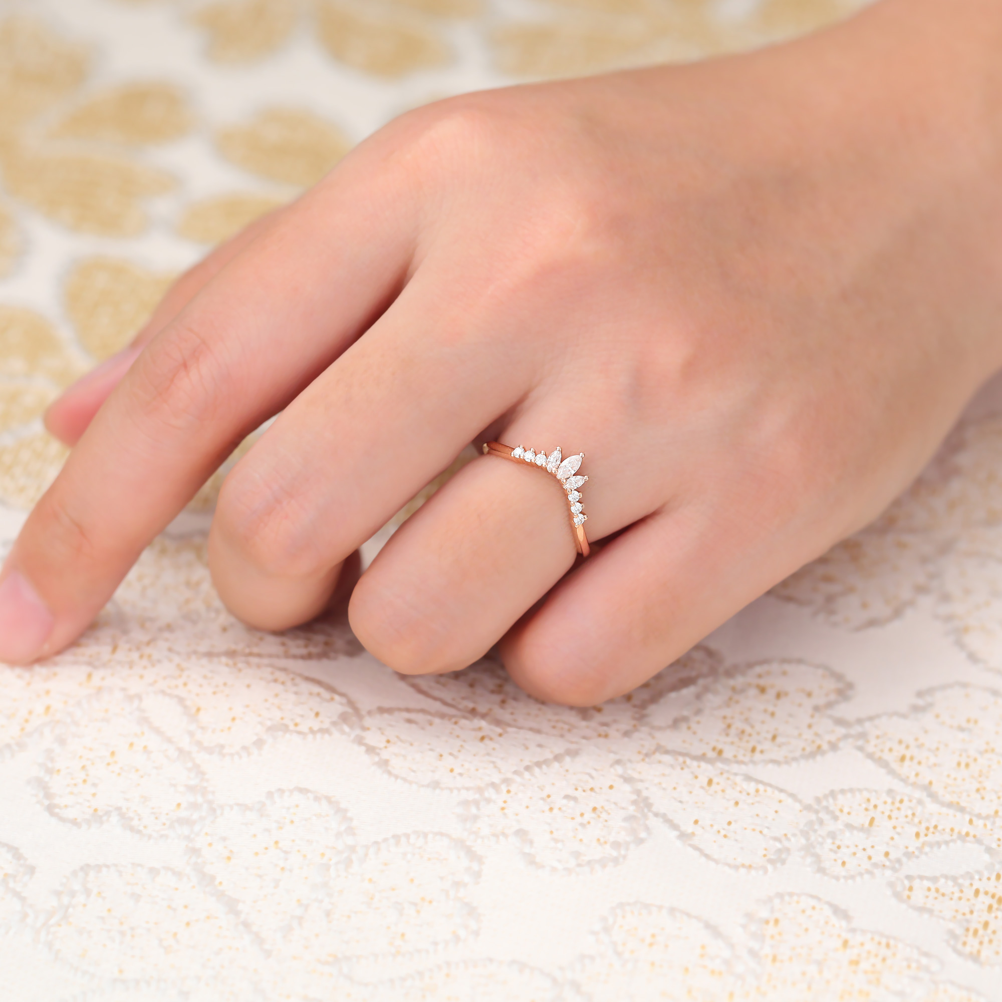 Juyoyo Tiara Moissanite Curved Wedding Band Stacking Ring for Women in Rose Gold