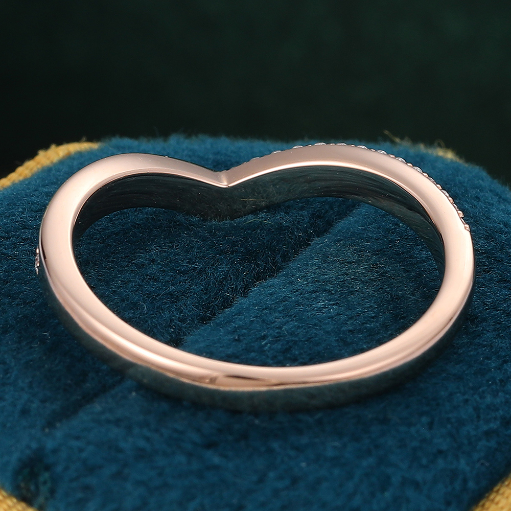 Juyoyo V-Shaped Pavé Moissanite Wedding Band Curved Wedding Ring 14K Rose Gold