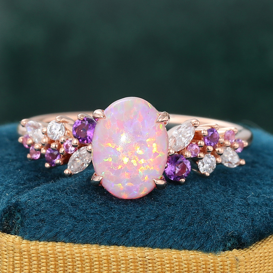 Oval Cut Lab Pink Opal Engagement Ring Vintage Amethyst Sapphire Cluster Bridal Ring
