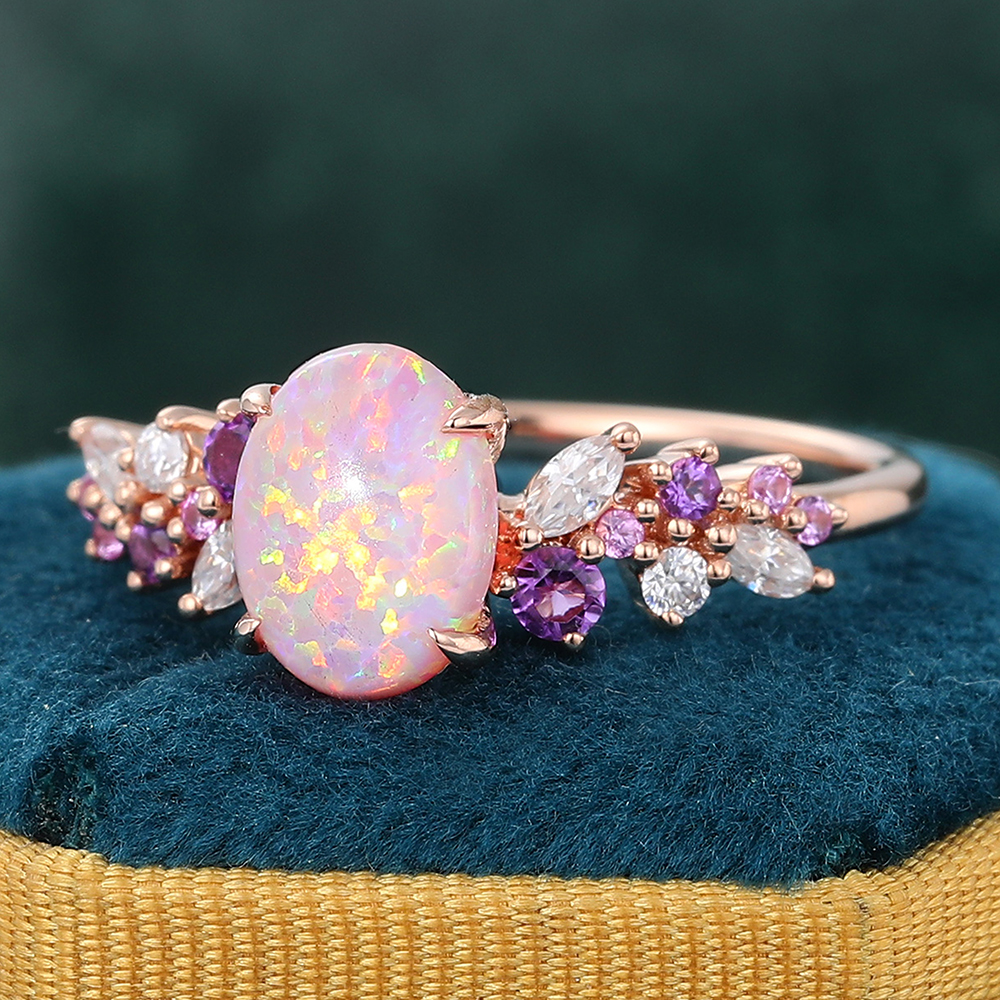 Juyoyo Oval Cut Lab Pink Opal Engagement Ring Vintage Amethyst Sapphire Cluster Bridal Ring