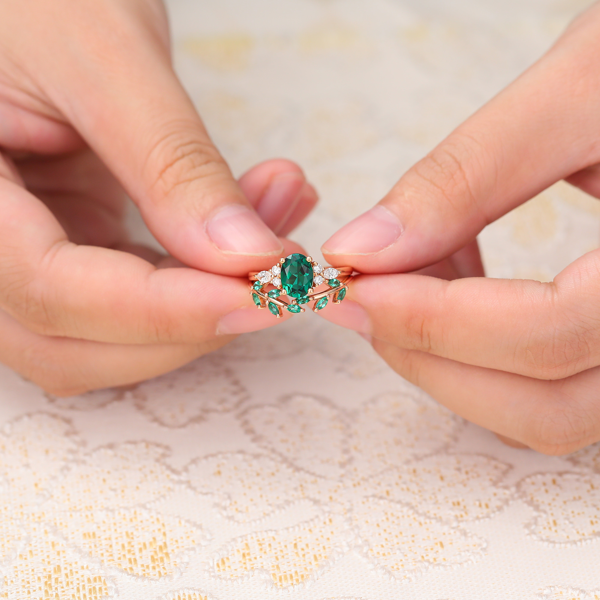 Juyoyo Oval Emerald Engagement Ring Set Cluster Bridal Set Nature Inspired Wedding Band Rose Gold