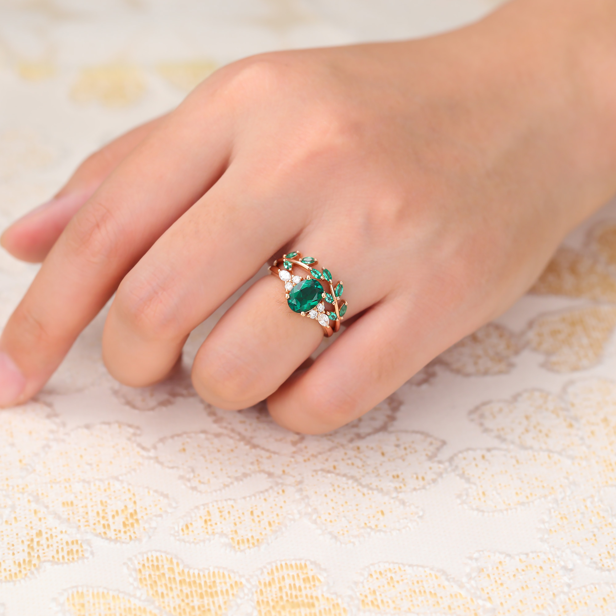 Juyoyo Oval Emerald Engagement Ring Set Cluster Bridal Set Nature Inspired Wedding Band Rose Gold