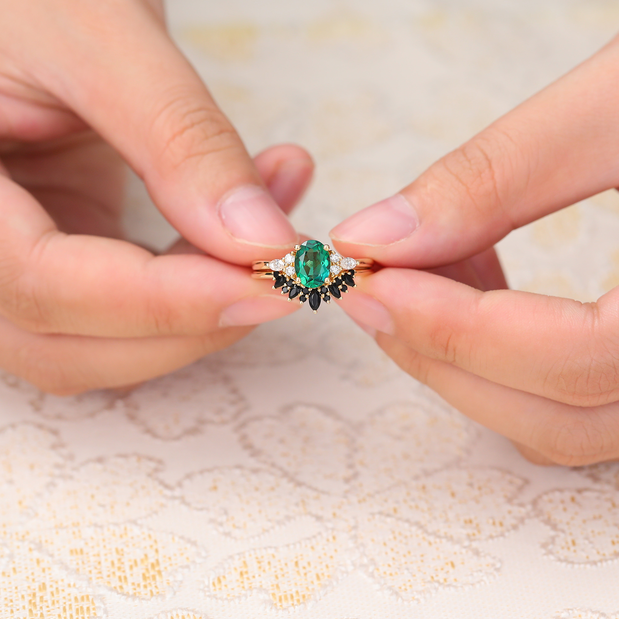 Juyoyo Unique Oval Emerald Engagement Ring Set Cluster Bridal Set Black Onyx Ring Curved Band Yellow Gold