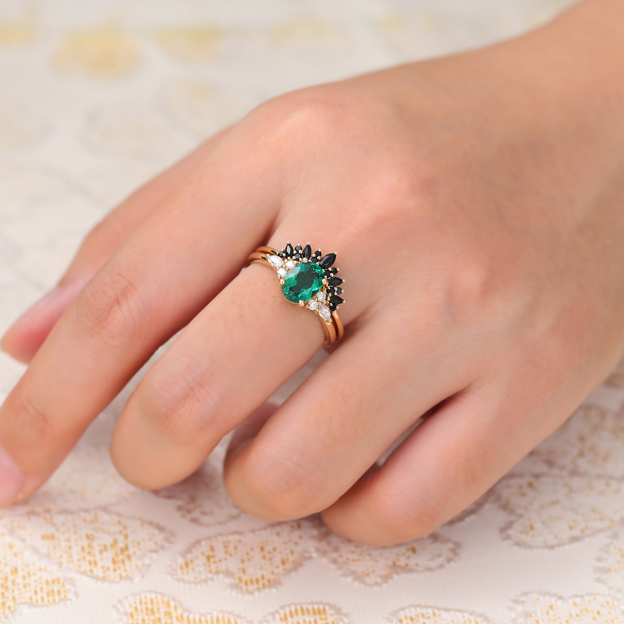 Juyoyo Unique Oval Emerald Engagement Ring Set Cluster Bridal Set Black Onyx Ring Curved Band Yellow Gold