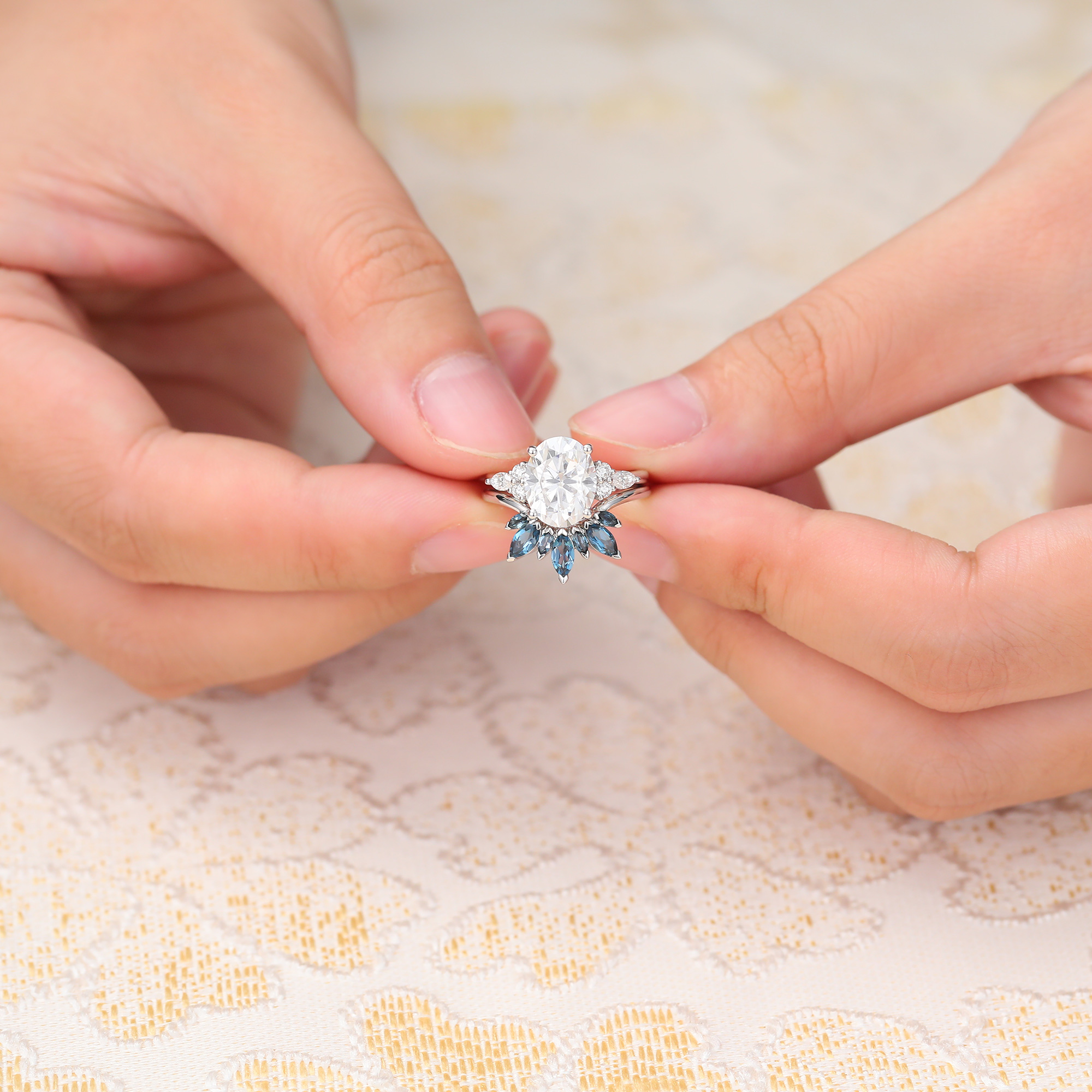 Juyoyo Oval Cut Moissanite Engagement Ring Set for Women London Blue Topaz Ring Band White Gold