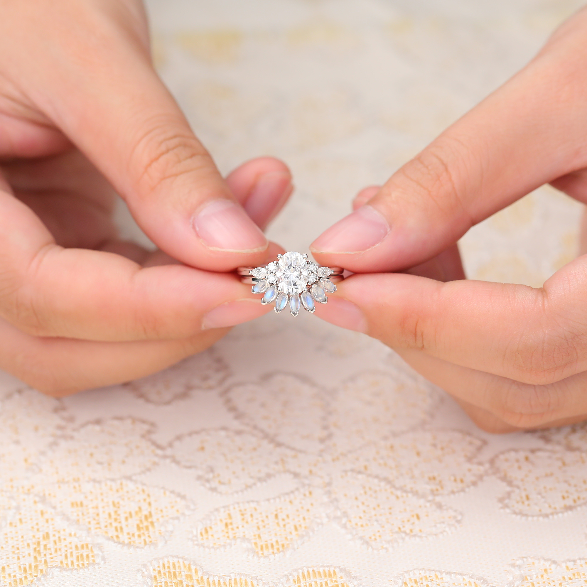 Juyoyo Oval Moissanite Bridal Ring Set with Moonstone Wedding Band Cluster Engagement Ring Set Silver