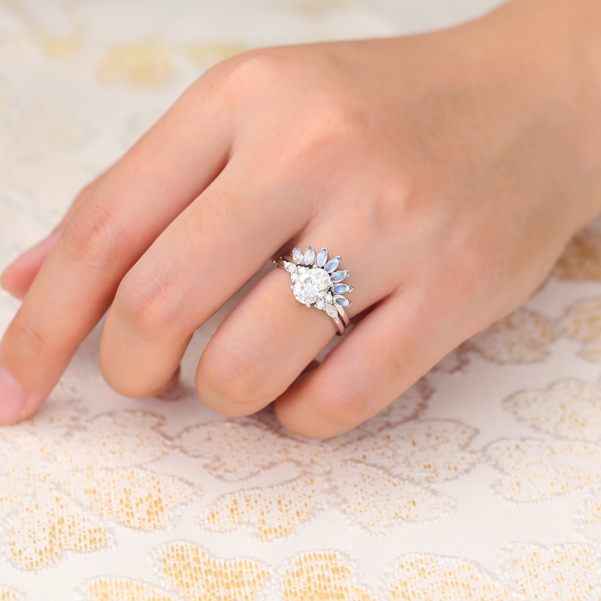 Juyoyo Oval Moissanite Bridal Ring Set with Moonstone Wedding Band Cluster Engagement Ring Set Silver