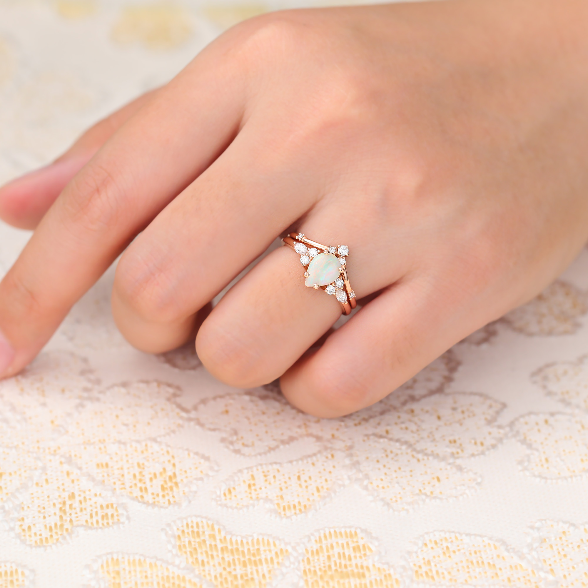 Juyoyo Pear Shaped Opal Engagement Ring Cluster Bridal Ring