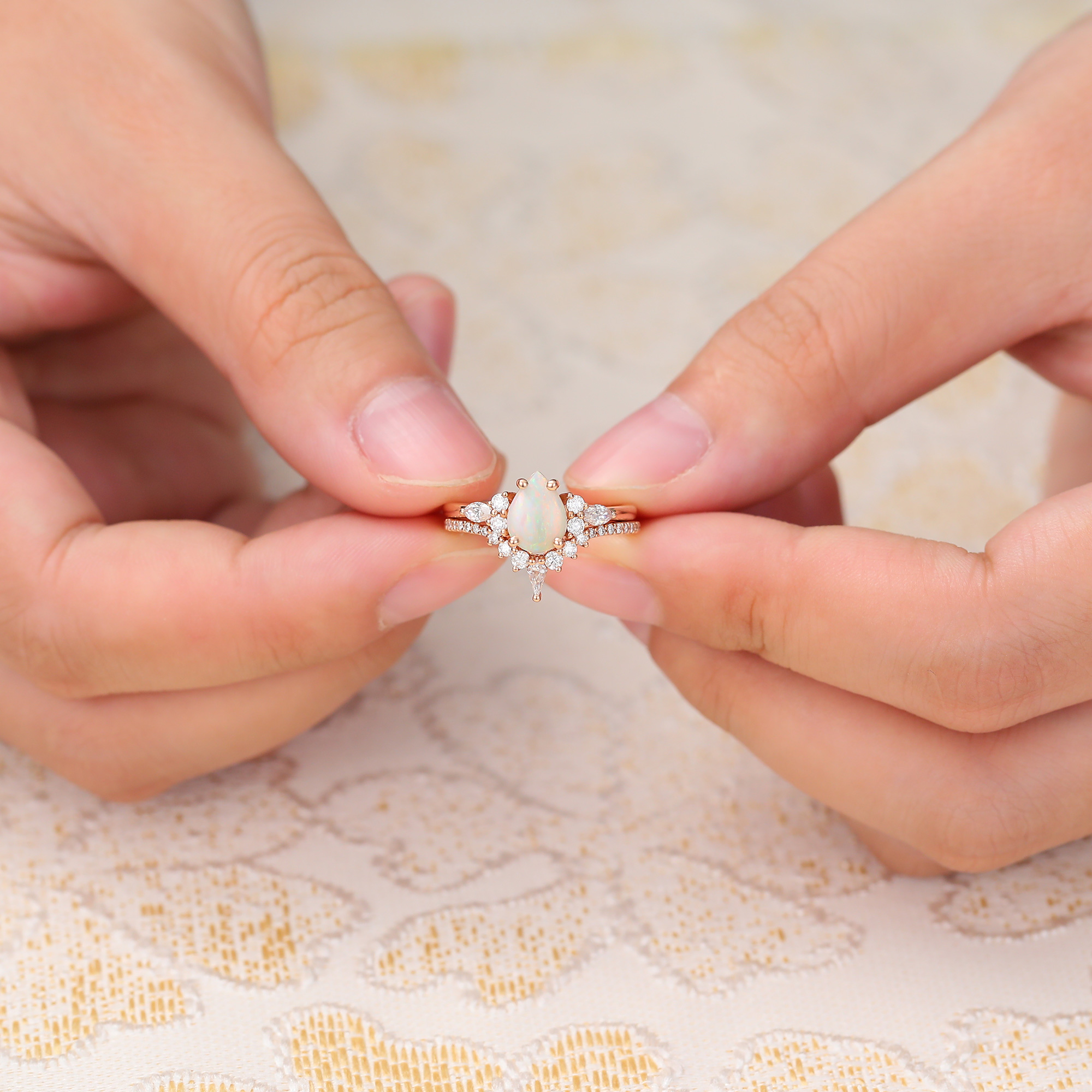 Juyoyo White Opal and Diamond Engagement Ring Set - 2pcs