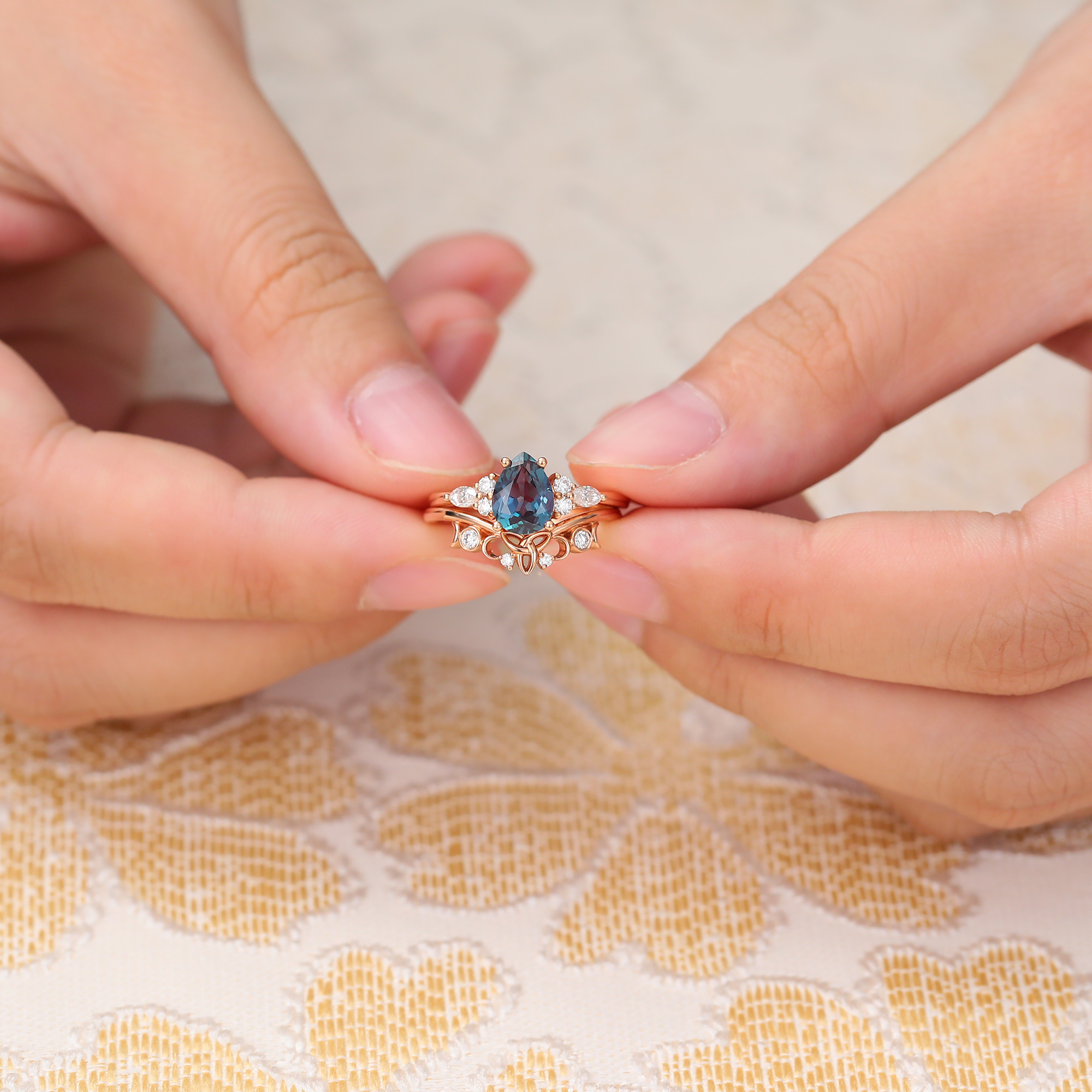 Juyoyo Pear Shaped Alexandrite Bridal Set Dainty Vintage Cluster Engagement Ring Set 14K Rose Gold