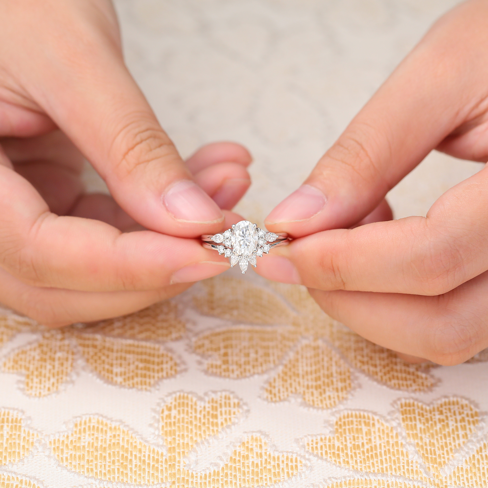 Juyoyo Oval Cut Moissanite Engagement Ring Set Dainty Cluster Bridal Ring Set 14K White Gold