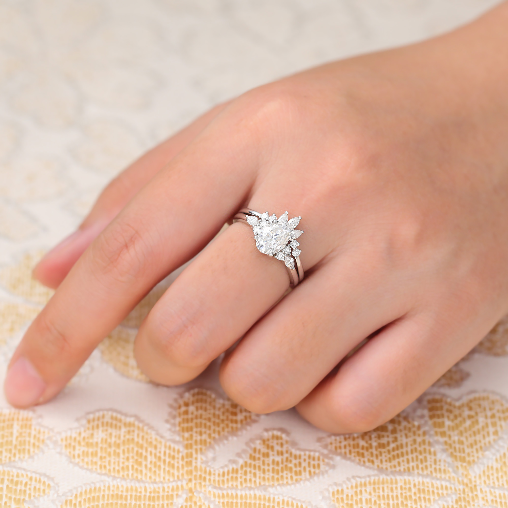 Juyoyo Oval Cut Moissanite Engagement Ring Set Dainty Cluster Bridal Ring Set 14K White Gold