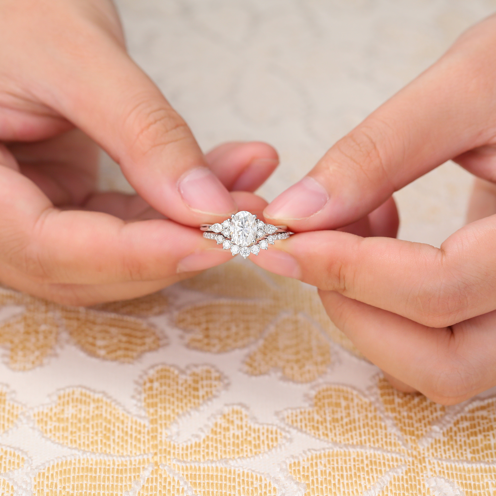 Oval Moissanite Bridal Set Vintage Cluster Engagement Ring with Curved Anniversary Band White Gold