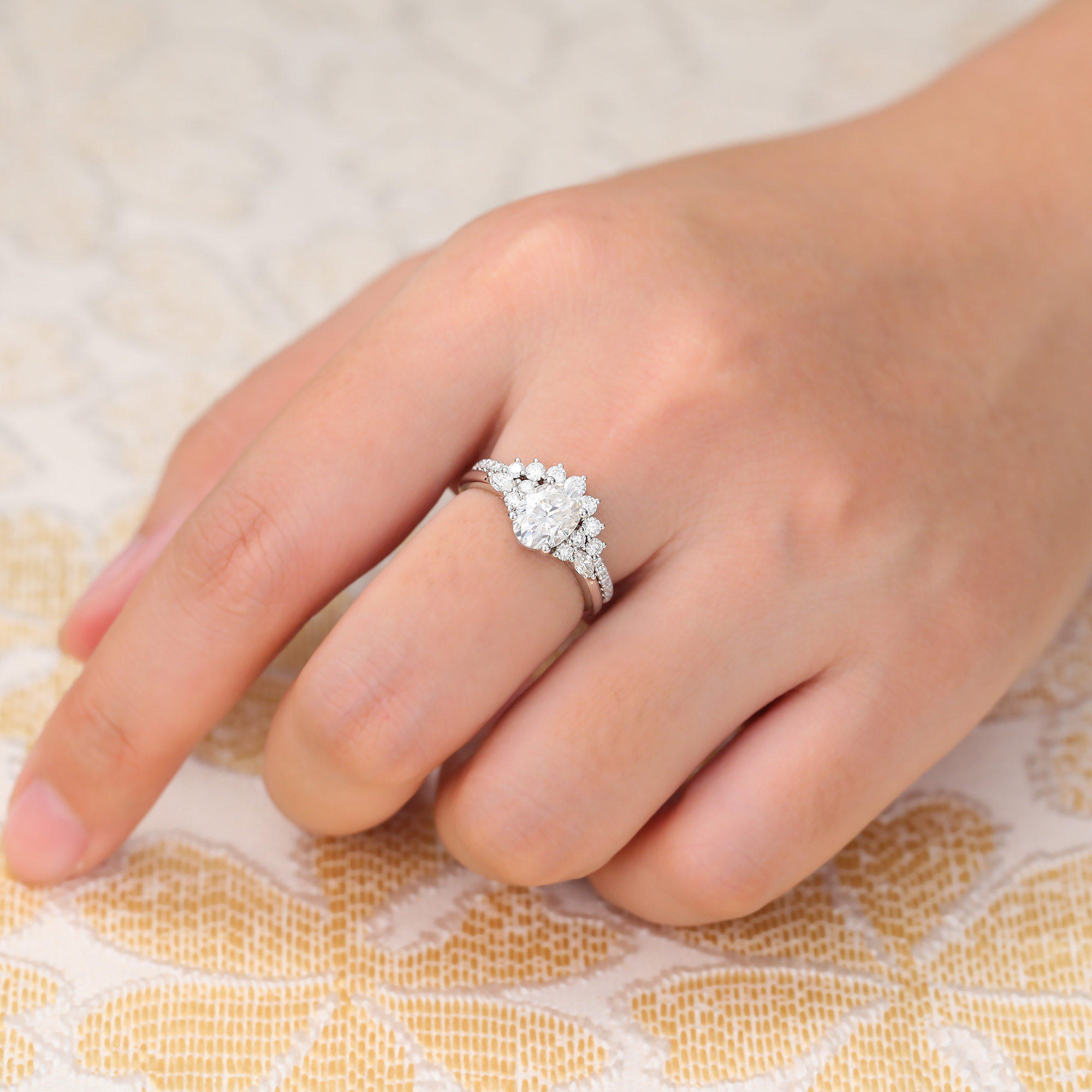 Oval Moissanite Bridal Set Vintage Cluster Engagement Ring with Curved Anniversary Band White Gold