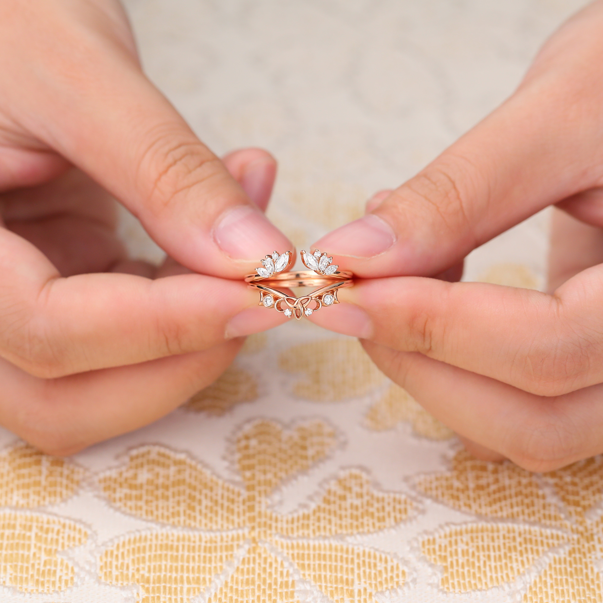 Juyoyo Vintage Round & Marquise Cut Moissanite Double Curved Wedding Band Stacking Ring