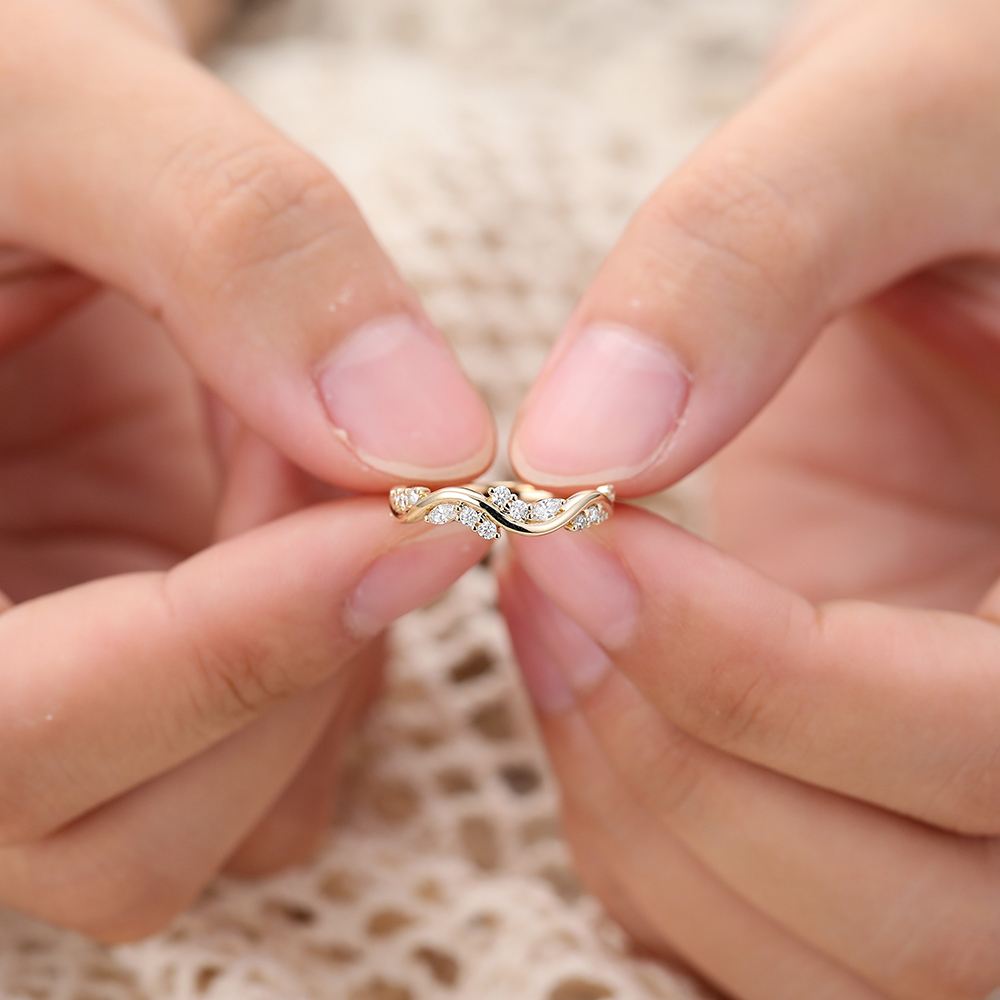 Juyoyo Unique Moissanite Wave Wedding Band Yellow Gold Matching Stacking Ring for Women