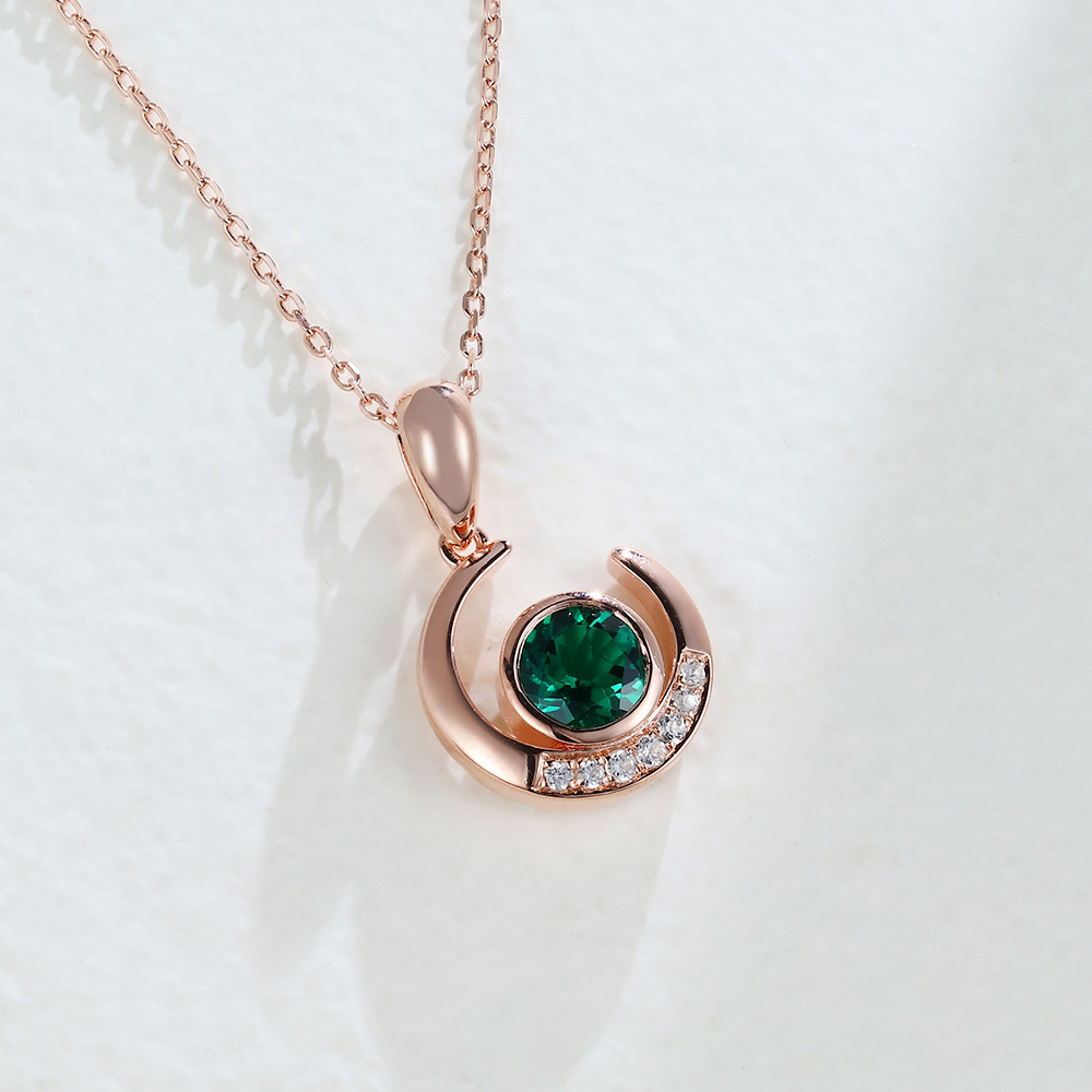 Rose Gold Emerald & White Sapphire Moon Pendant Necklace