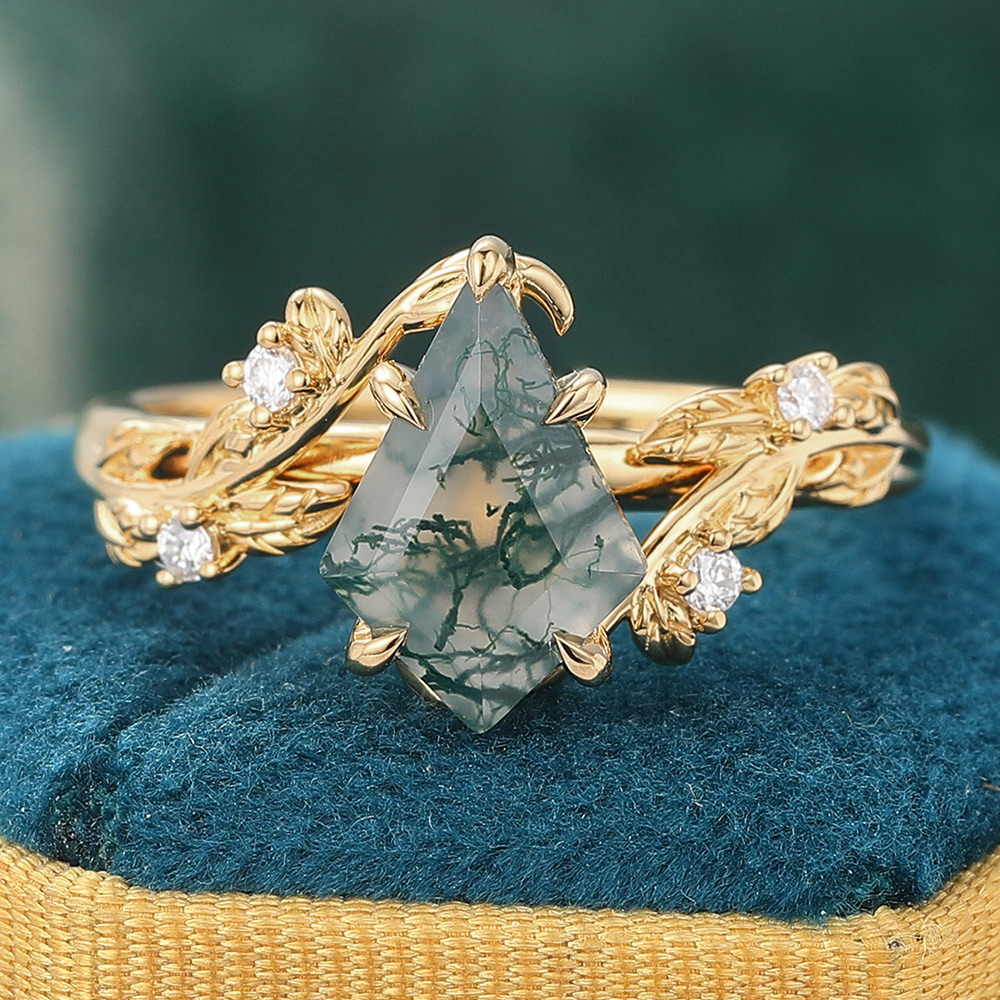 Kite Cut Moss Agate Engagement Ring Vine-Inspired Ring