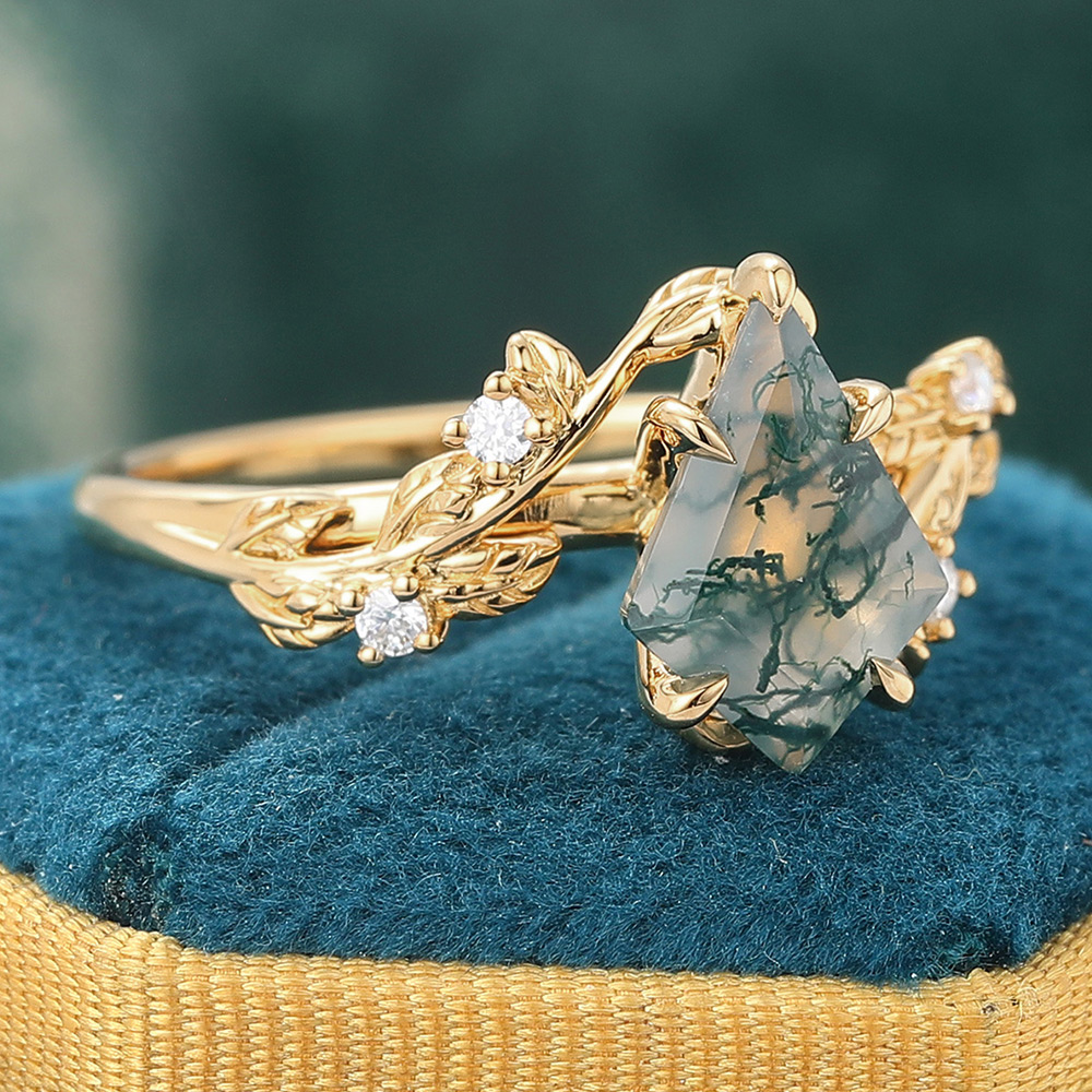 Kite Cut Moss Agate Engagement Ring Vine-Inspired Ring