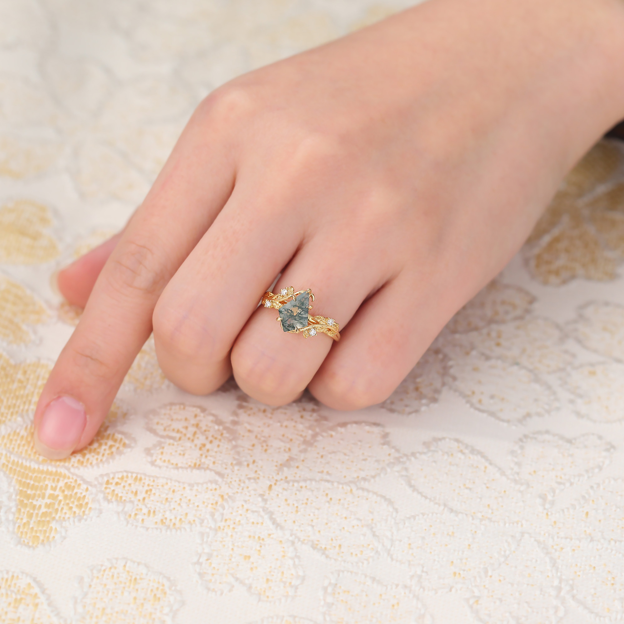 Kite Cut Moss Agate Engagement Ring Vine-Inspired Ring