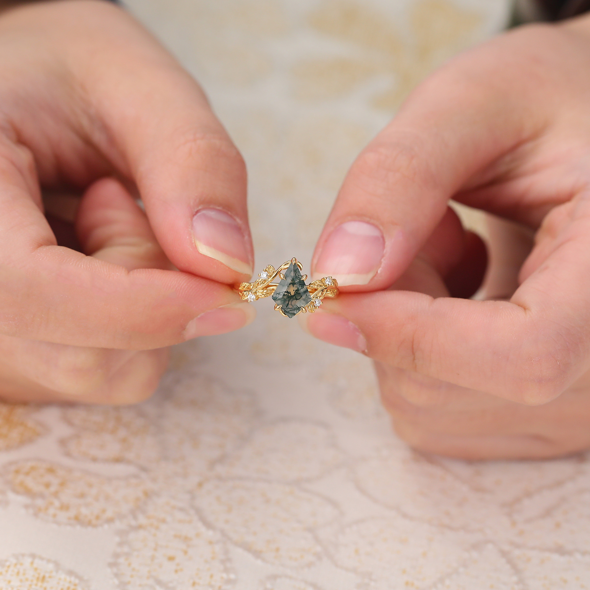 Kite Cut Moss Agate Engagement Ring Vine-Inspired Ring