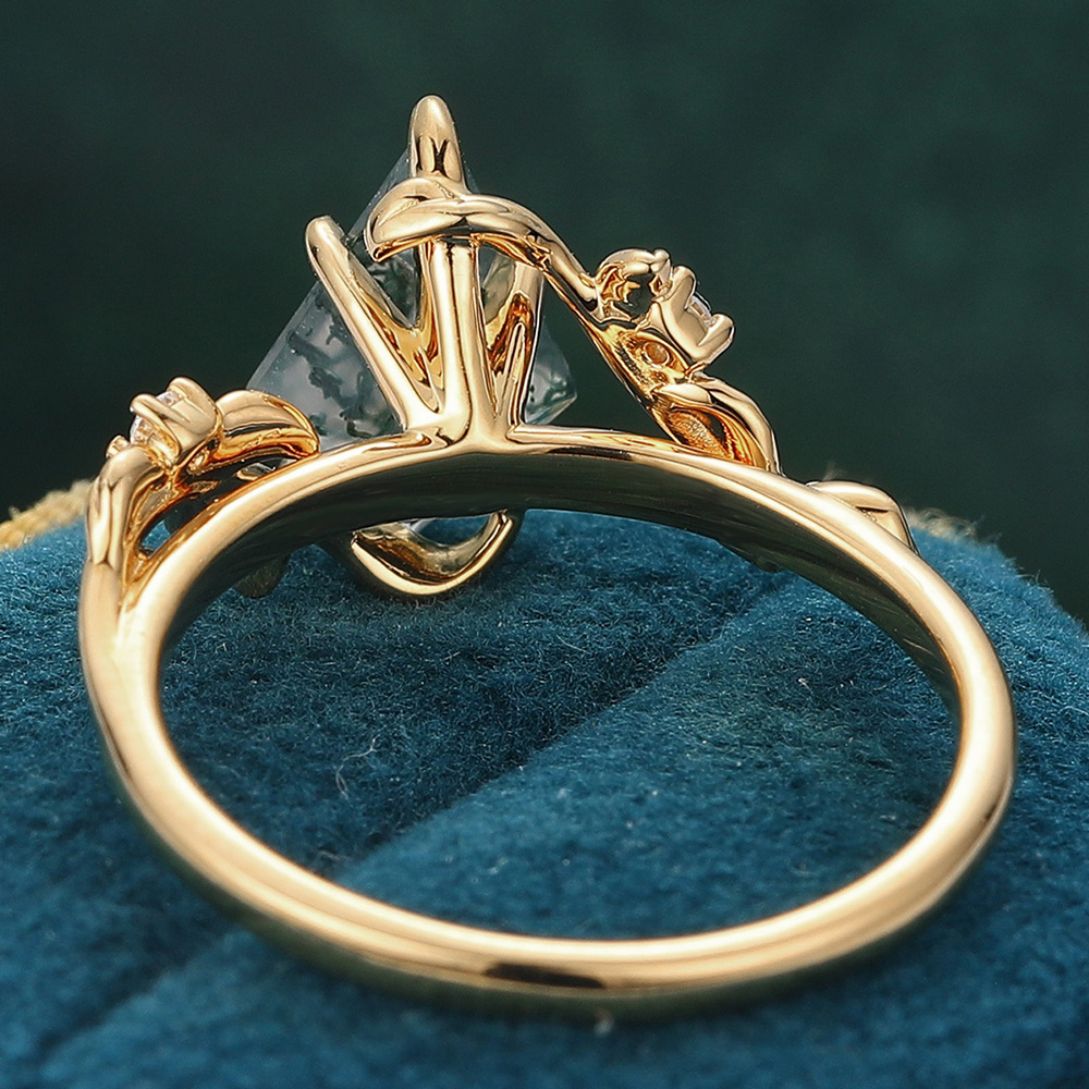 Kite Cut Moss Agate Engagement Ring Vine-Inspired Ring