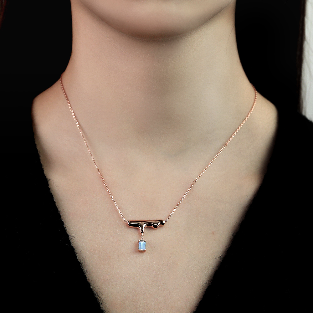 Rose Gold Emerald Cut Moonstone Necklace
