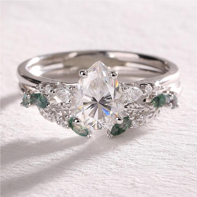 Pear Cut Moissanite Engagement Ring Set with Natural Inspired Open Band in White Gold