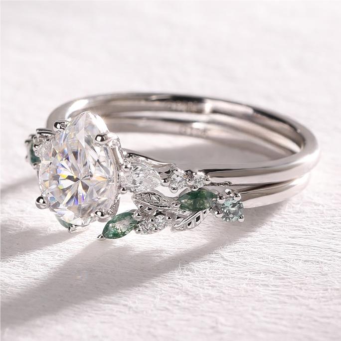 Pear Cut Moissanite Engagement Ring Set with Natural Inspired Open Band