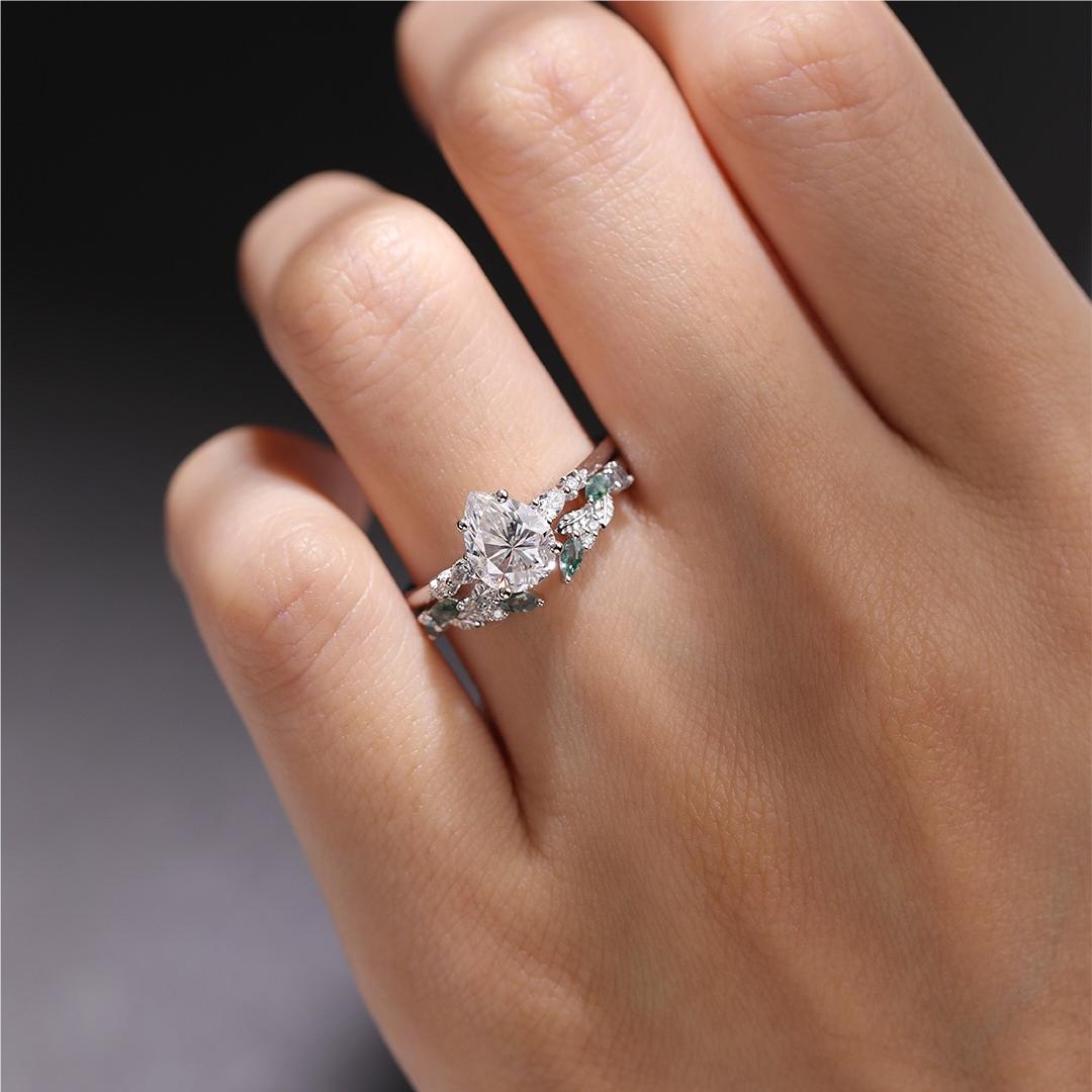 Pear Cut Moissanite Engagement Ring Set with Natural Inspired Open Band