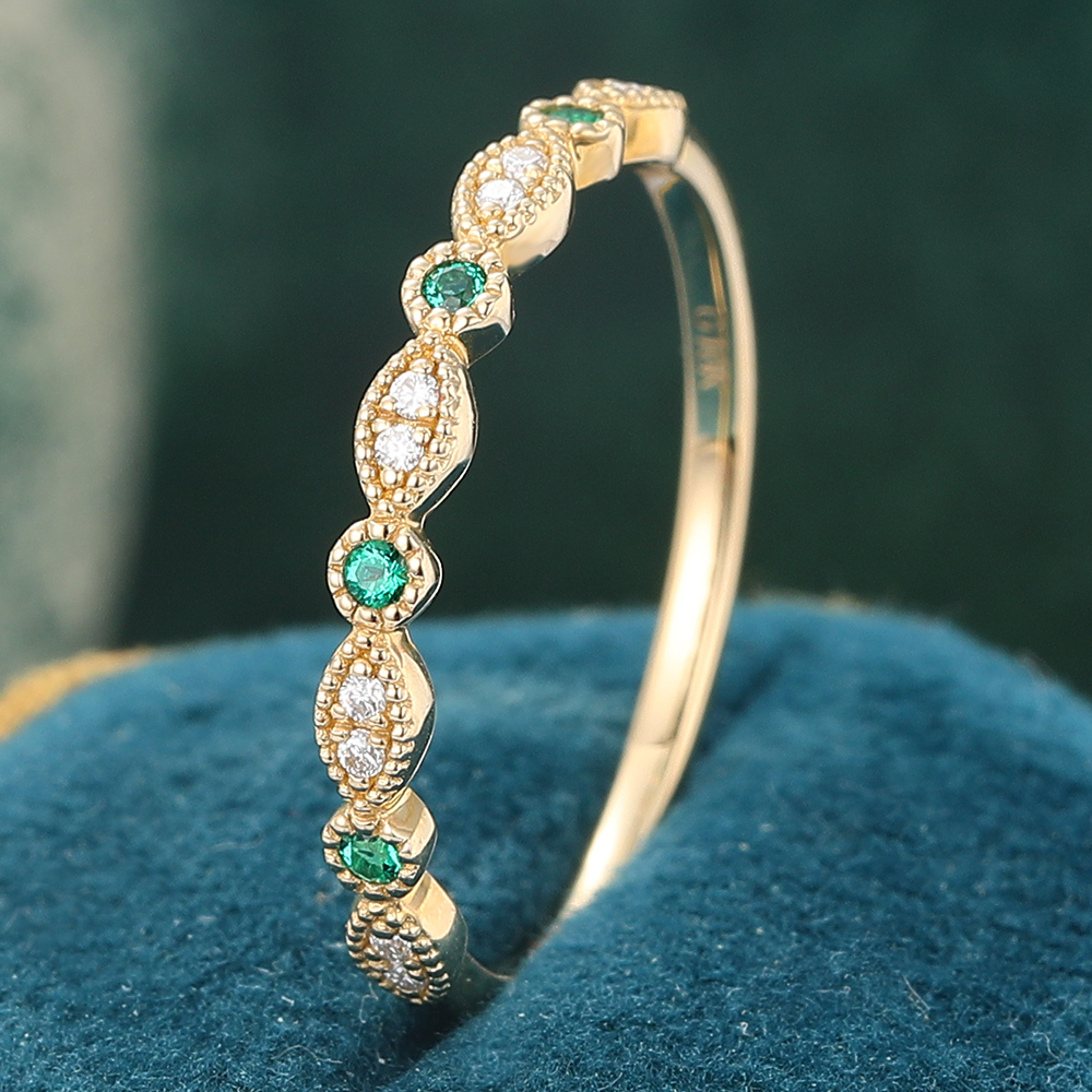 Petite Round Emerald & Diamond Wedding Band Vintage Beaded Stacking Ring