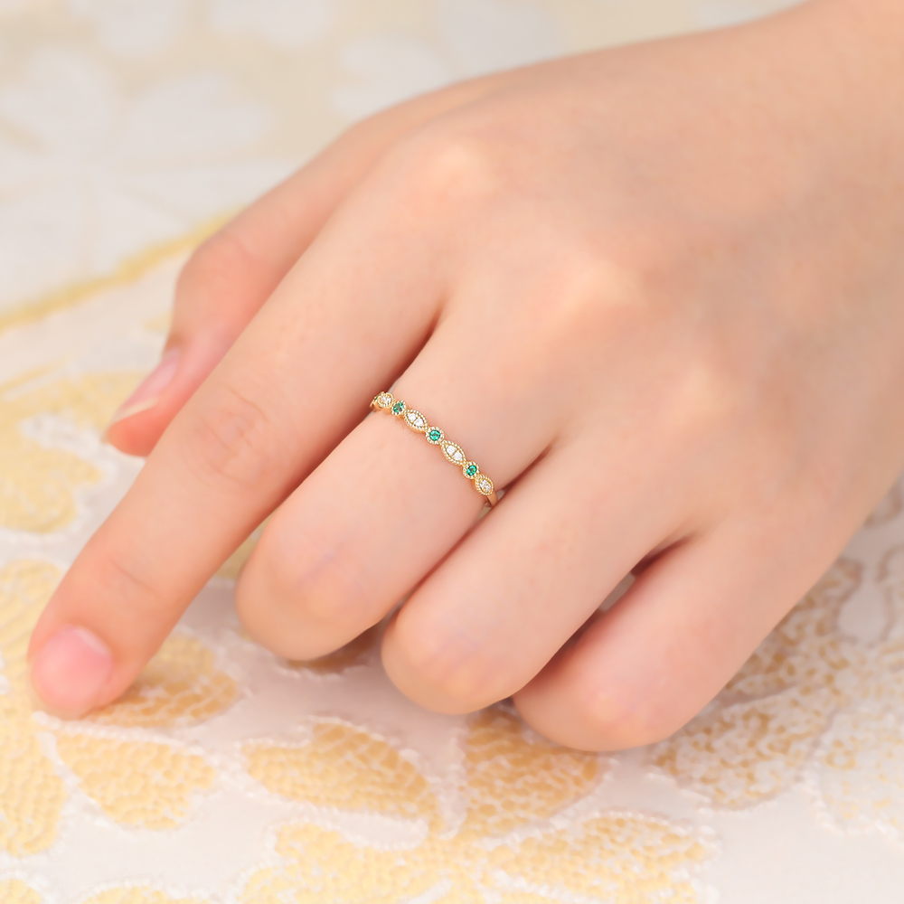 Petite Round Emerald & Diamond Wedding Band Vintage Beaded Stacking Ring