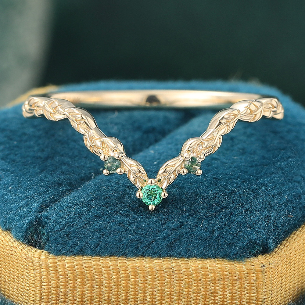 Petite Round Emerald & Moss Agate Curved Wedding Band Leaf-Inspired Stacking Ring