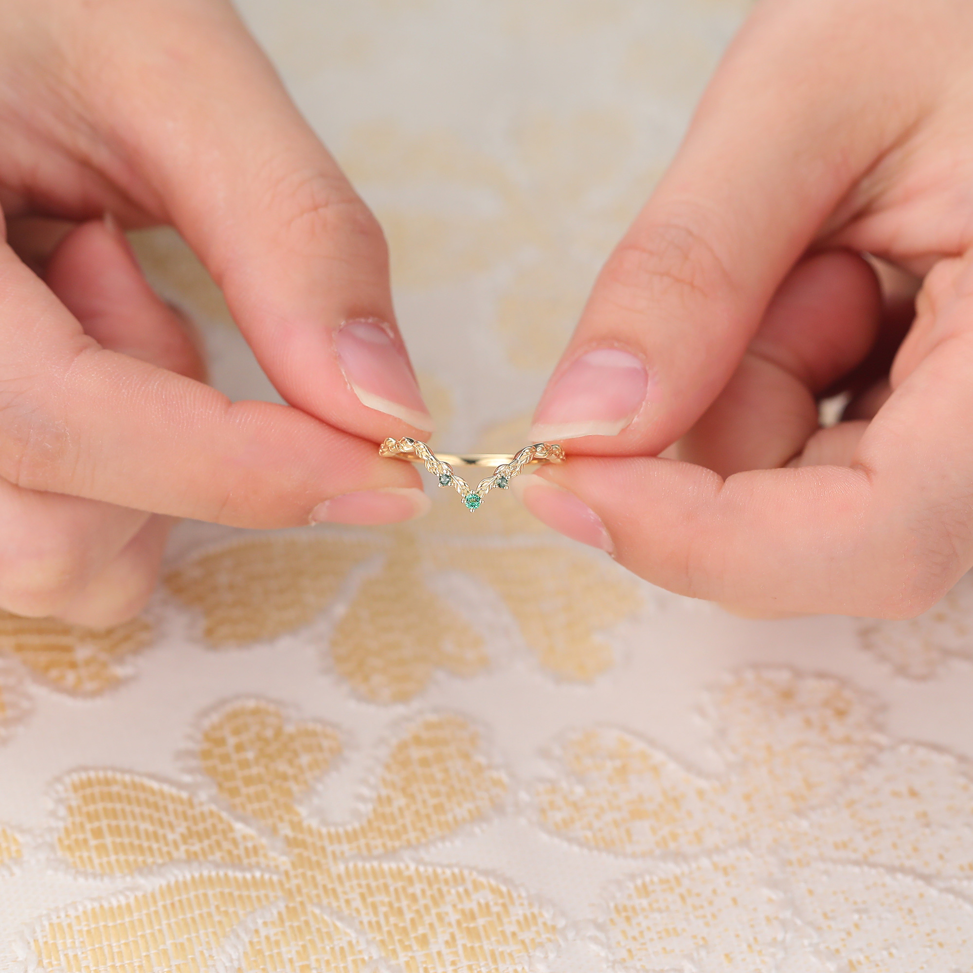 Petite Round Emerald & Moss Agate Curved Wedding Band Leaf-Inspired Stacking Ring