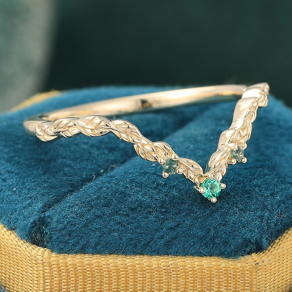 Petite Round Emerald & Moss Agate Curved Wedding Band Leaf-Inspired Stacking Ring