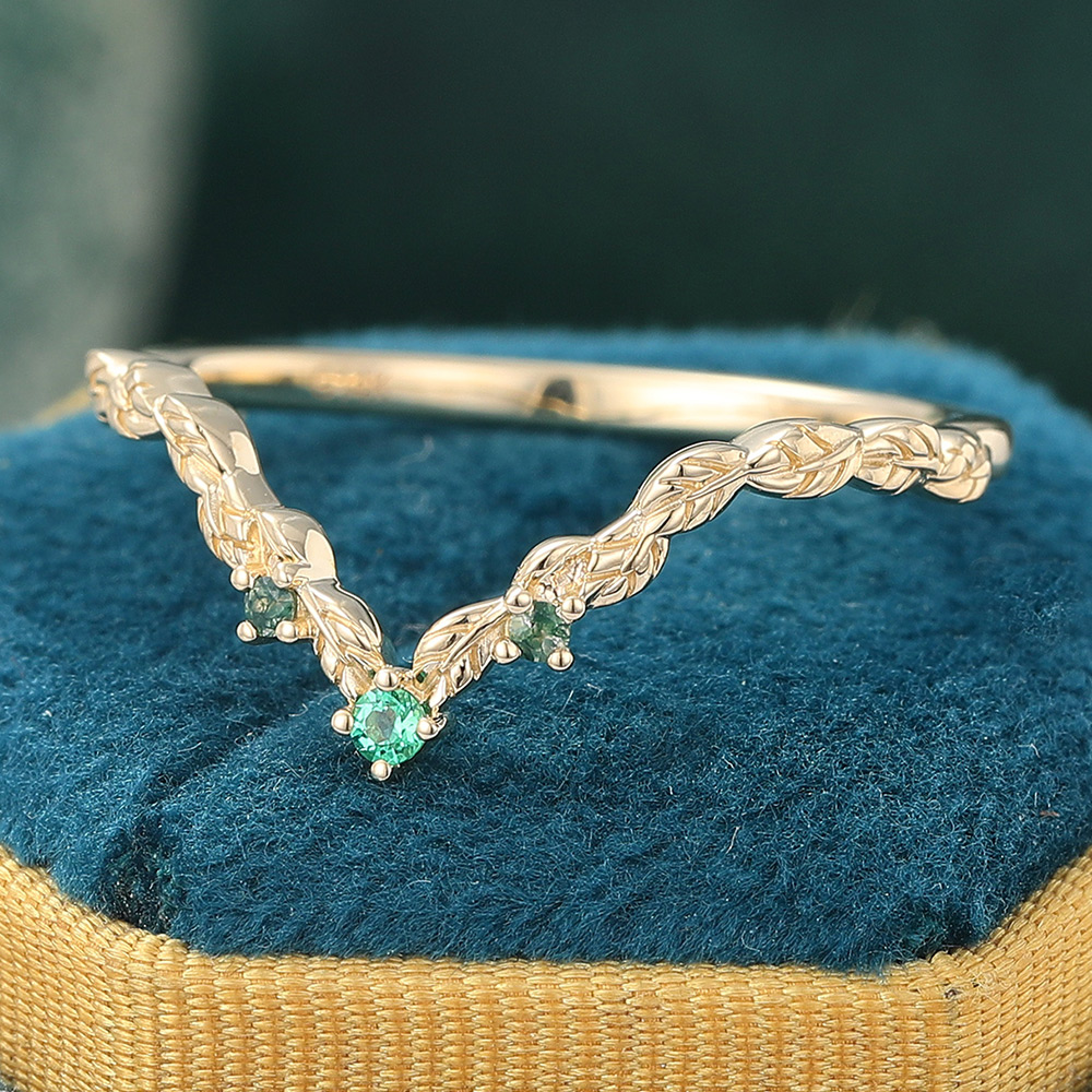 Petite Round Emerald & Moss Agate Curved Wedding Band Leaf-Inspired Stacking Ring
