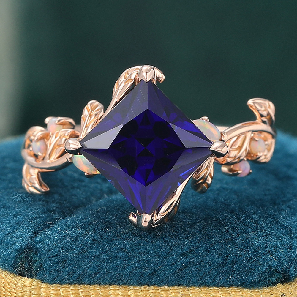 Princess Cut Blue Sapphire Engagement Ring Nature Inspired Promise Ring