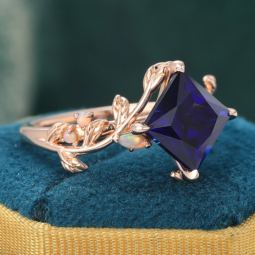 Princess Cut Blue Sapphire Engagement Ring Nature Inspired Promise Ring