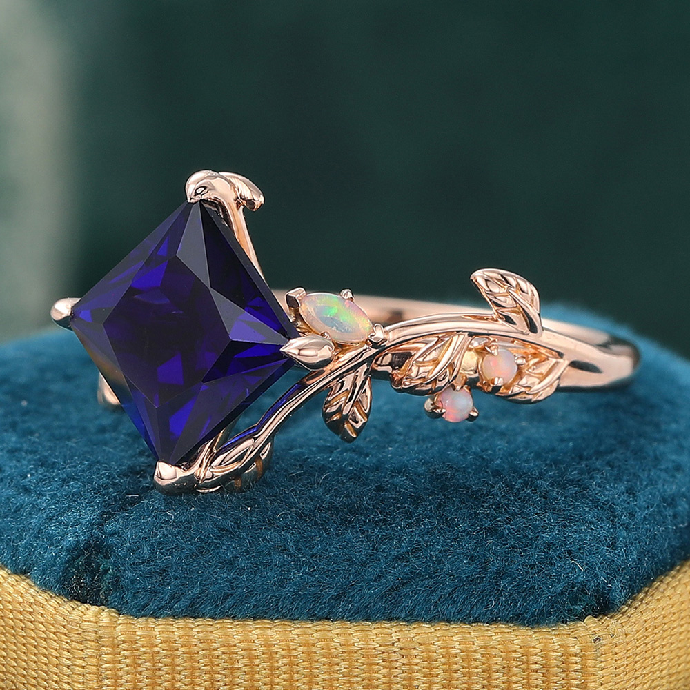 Princess Cut Blue Sapphire Engagement Ring Nature Inspired Promise Ring