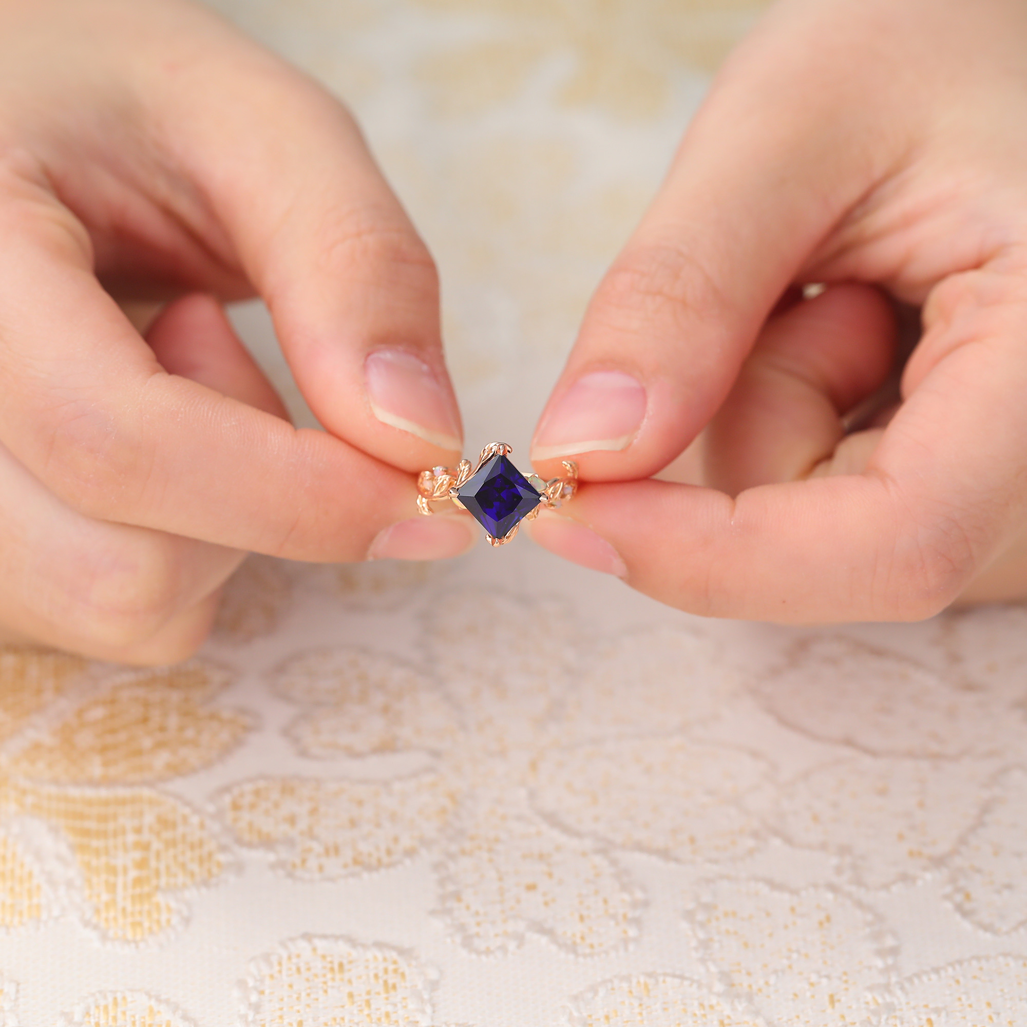 Princess Cut Blue Sapphire Engagement Ring Nature Inspired Promise Ring