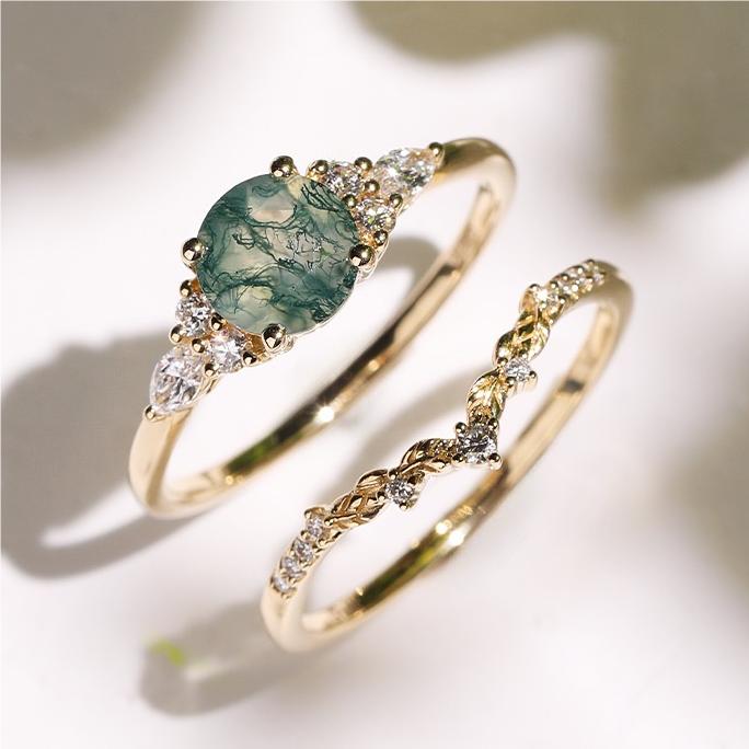 Round Cut Moss Agate Engagement Ring Set with Natural Inspired Curved Band