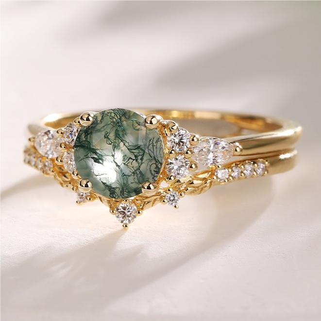 Round Cut Moss Agate Engagement Ring Set with Natural Inspired Curved Band