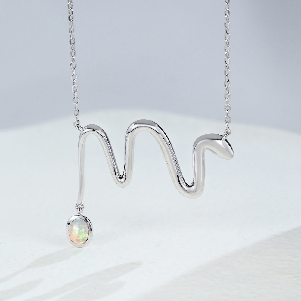 Vintage Snake with Opal Birthstone Necklace Pendant in 14K White Gold