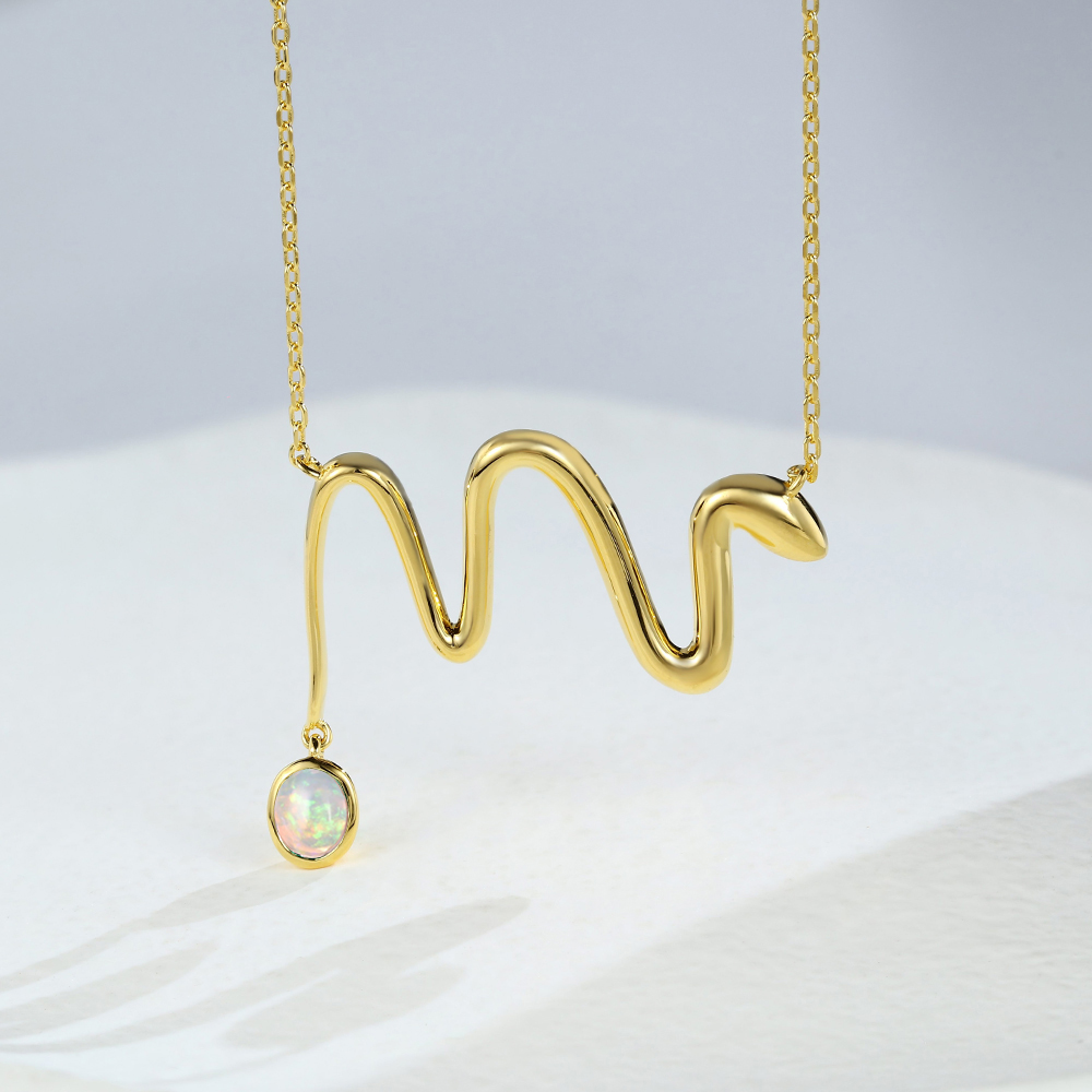 Vintage Snake with Opal Birthstone Necklace Pendant in 14K Gold