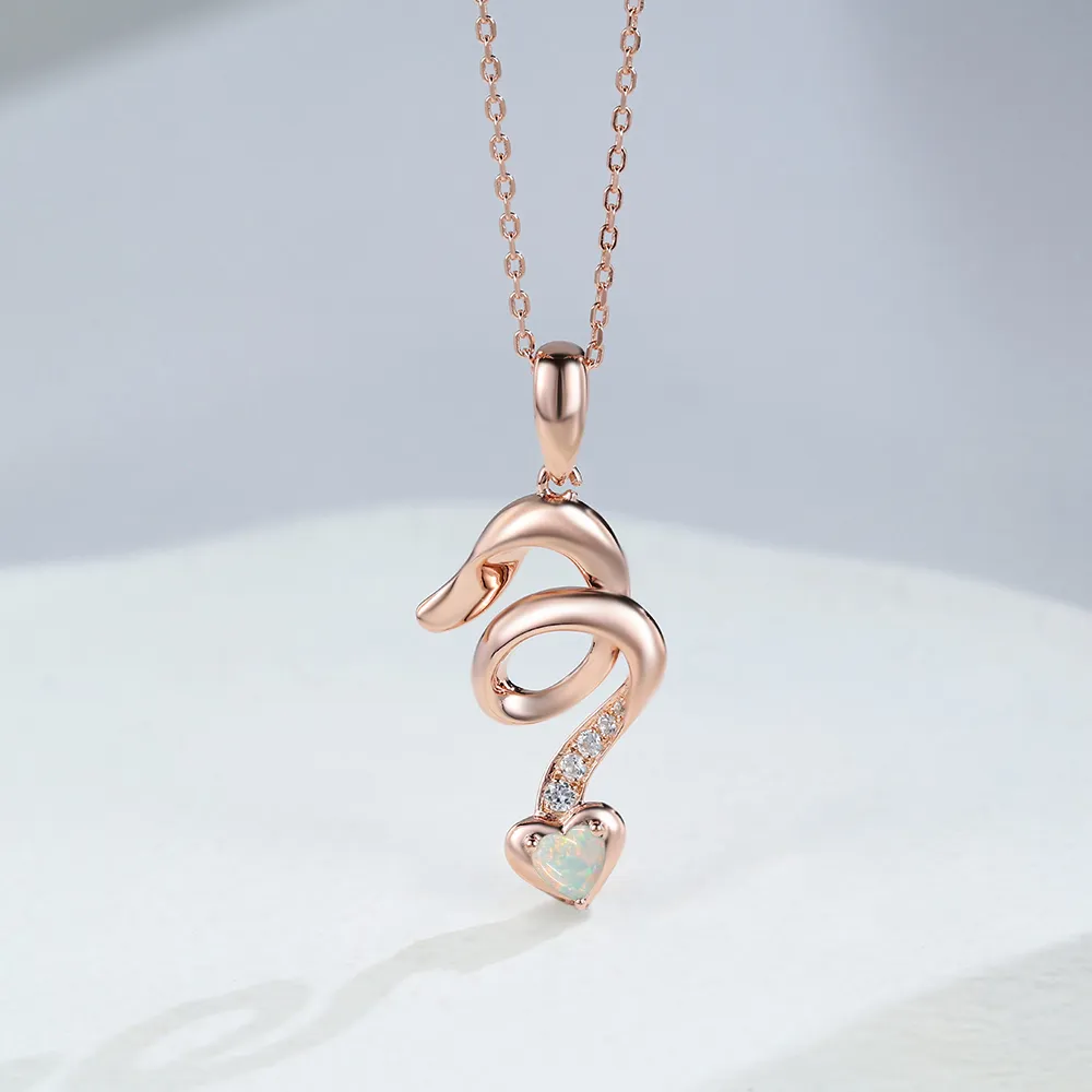 Heart Shaped Luna White Opal Gold Necklace with Twirling Tail