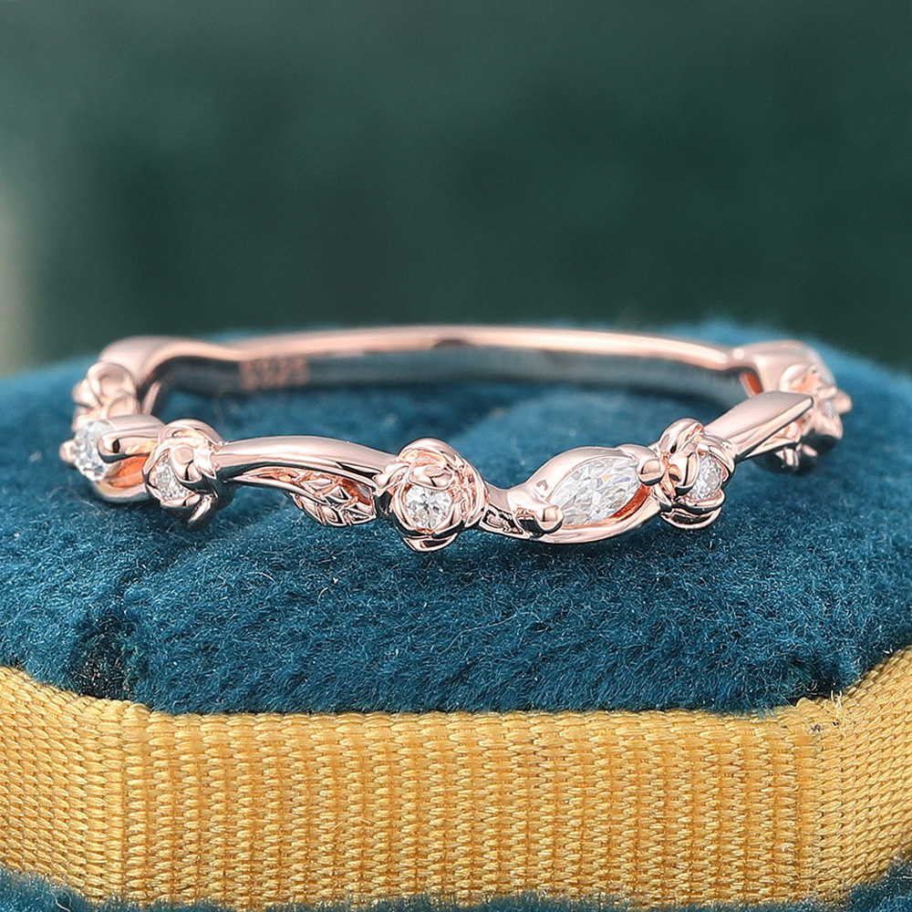 Vine Curved Wedding Band with Floral Moissanite Accents Stacking Ring